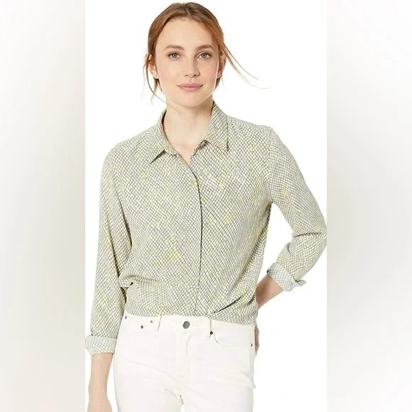 EQUIPMENT Grey & Yellow Button Up Shirt Geometric Snakeskin Blouse Silky Top - Picture 2 of 16